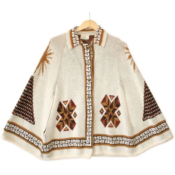 Vintage Clarke Fashions Ivory Mayan Boho Tiki Poncho Sweater One Size - Picture 7 of 8
